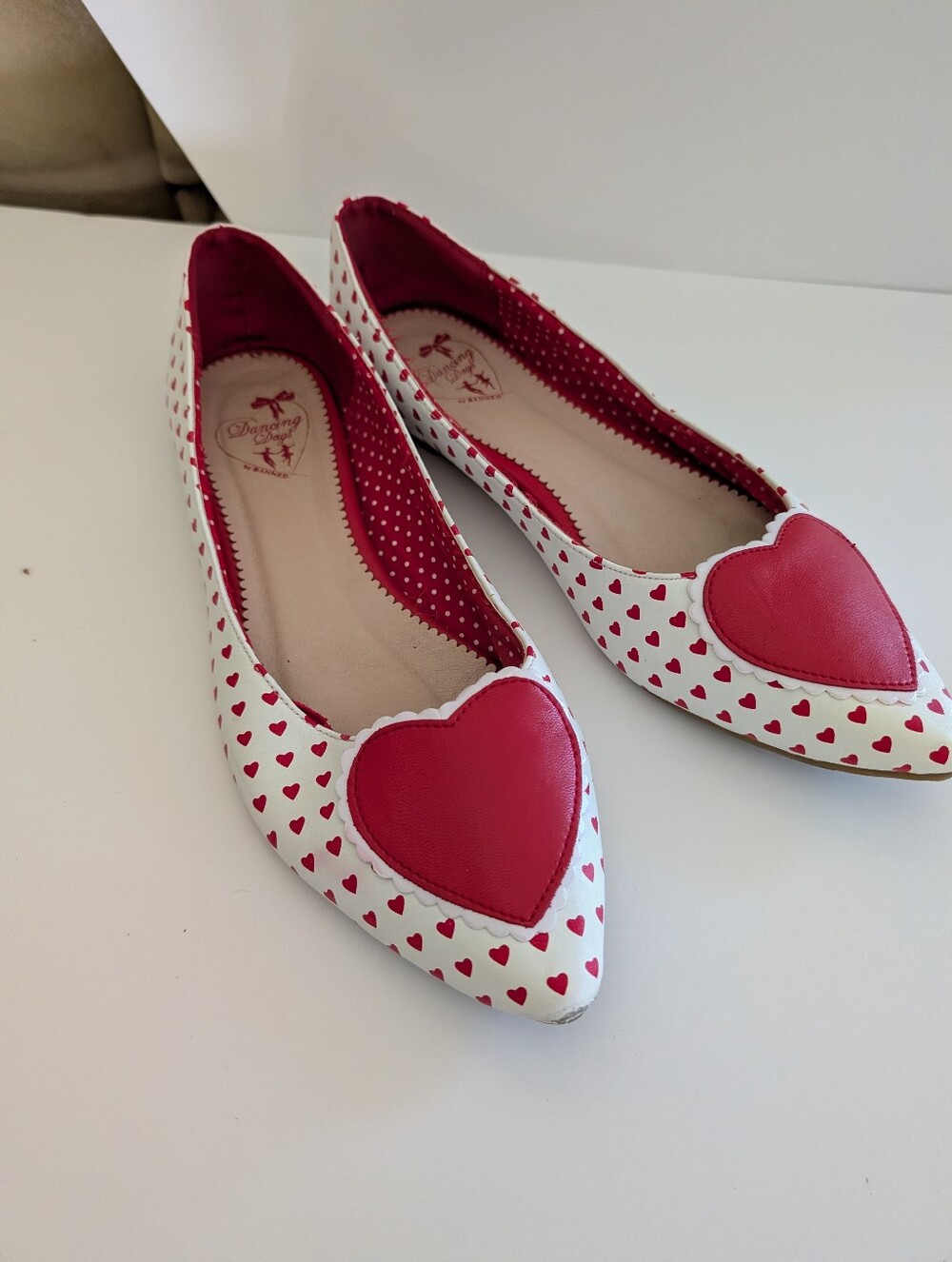 Women's White and Red Heart Ballet Flats - Charming Heart Accent